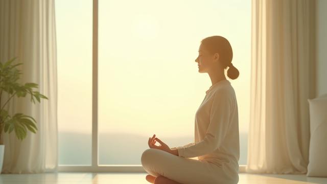 Serene image of a person meditating by a window with soft natural light, conveying mental clarity.