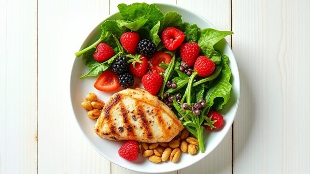 Vibrant, colorful plate of fresh, healthy food like leafy greens, berries, and nuts, representing balanced nutrition.
