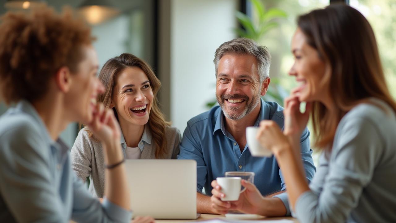Diverse group of adults 35+ smiling and engaging in a discussion in a bright, modern setting