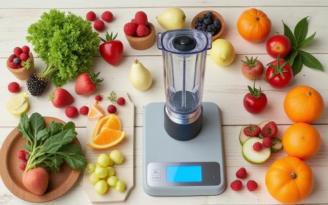 Assortment of fresh produce and a modern blender, symbolizing nutrition aids and healthy eating.