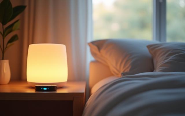 Serene bedroom with a smart lamp and a sleep tracker, representing sleep optimization products.
