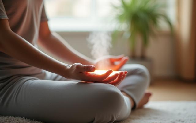 Person meditating in a calm, modern space with a smart diffuser, promoting stress reduction.
